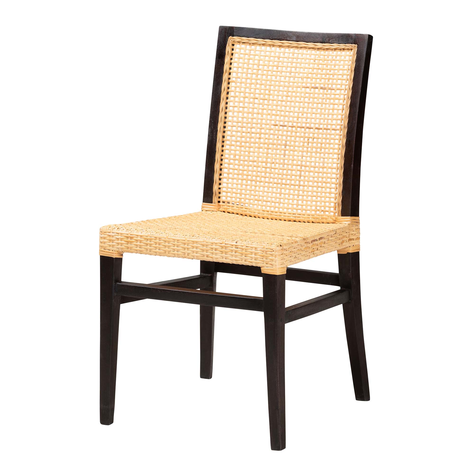 Baxton Studio Lingga Modern Bohemian Dark Brown Mahogany Wood and Natural Rattan Dining Chair